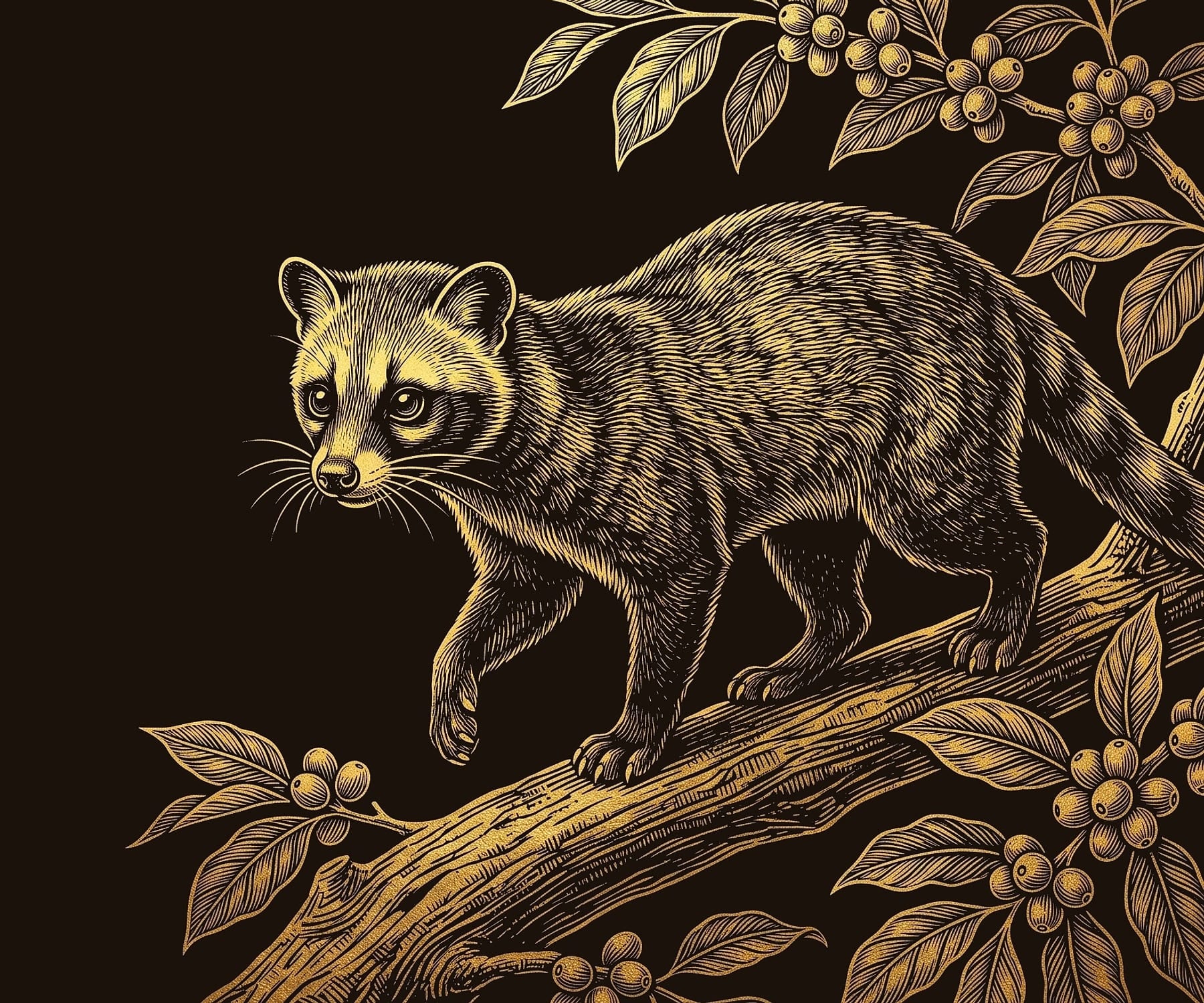 The Asian palm civet on a branch among coffee cherries, drawn as a gold engraving